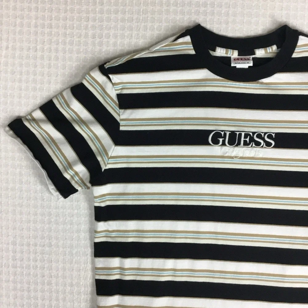 Guess Originals Men Striped T-Shirt Black White Tan Blue Embroidered Logo Size M - Picture 7 of 8